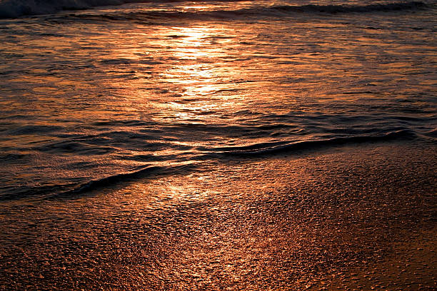 Close-up of gentle ocean waves rolling onto wet sand with golden sunset light